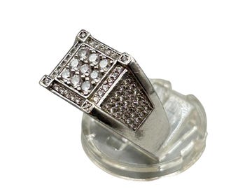 Square Design Man Ring Size 10.5 Sterling Silver 925 And Clear Rhinestones