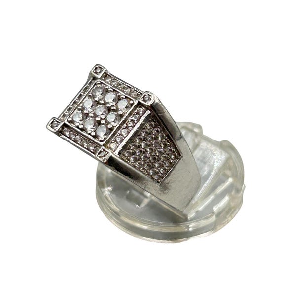 Square Design Man Ring Size 10.5 Sterling Silver 925 and Clear