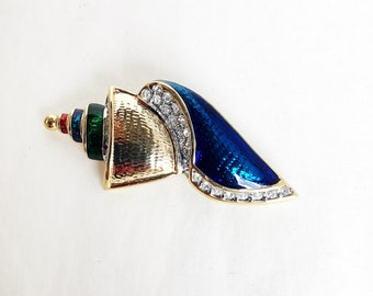 colorful enameled seashell brooch with rhinestones  vintage ocean sea lover gift