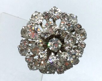 Rhinestones Brooch Silver Tone Sparkly Domed Layered Round Floral Spray Design