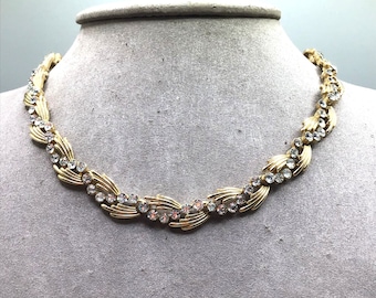 Vintage Trifari Rhinestone Necklace Gold Tone Wave Designer Signed Choker Collar