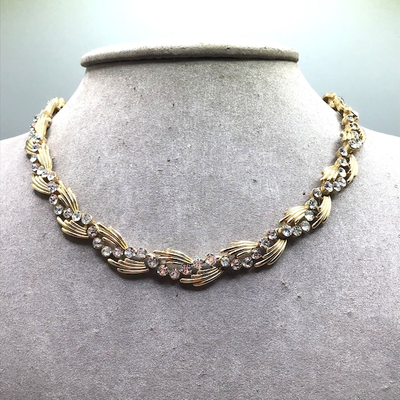 Vintage Trifari Rhinestone Necklace Gold Tone Wave Designer Signed Choker Collar Etsy