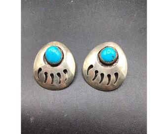 Navajo Bear Paw Earrings Native American Sterling Silver & Turquoise J Signed