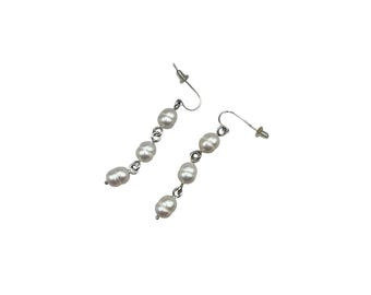 HONORA White Pearls Earrings Dangles Pierced Sterling Silver 925 Triple Pearl Drop