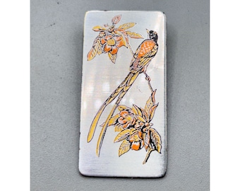 Reed & Barton Damascene Pin Brooch Pendant Flowers Birds Pewter Rectangular