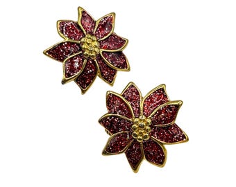 Vintage Poinsettia Clip On Earrings Glittery Flower Red Enamel Gold Tone Metal