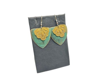 Vintage Lotus Flowers Earrings Dangles Greenish Patina Brass Drops 80s Jewelry
