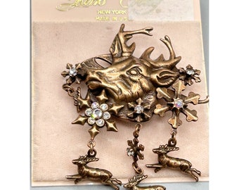 Kirks Folly Deer Reindeer Pin Brooch Dangles Snowflakes New Old Stock On Card