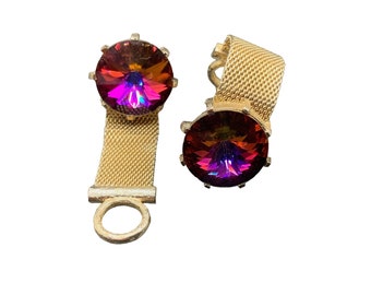 Vintage Mesh Cufflinks Rainbow Purple Rivoli Glass Stones Gold Tone Formal Wear