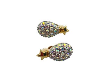 JOAN RIVERS Clip On AB Crystals Earrings Egg Shaped With Golden Stars Clips