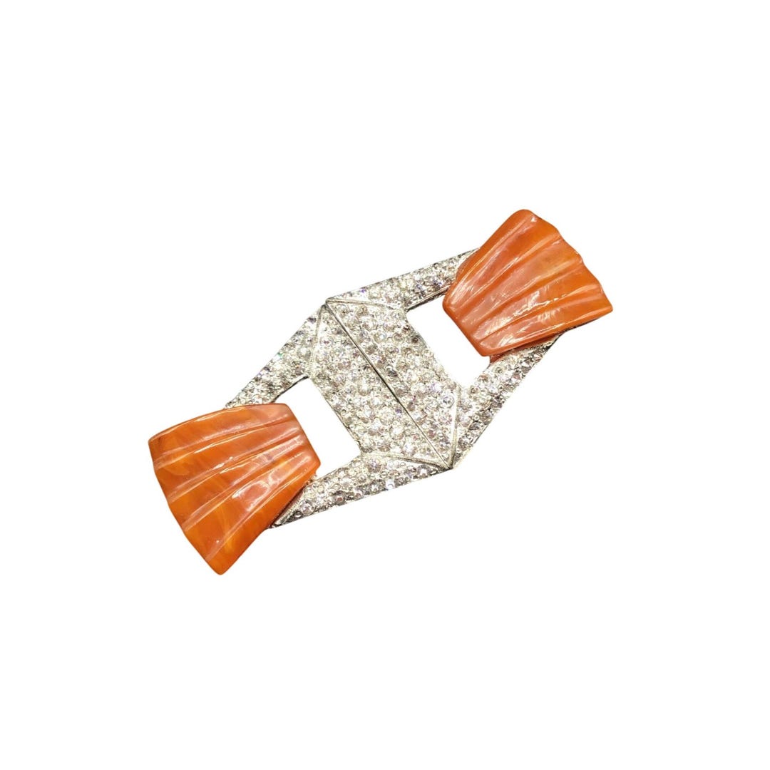 Antique Art Deco Belt Buckle Bakelite Rhinestones Orange & Silver Tone Buckle Antique Art Deco Belt Buckle Bakelite Rhinestones Orange  main image 4