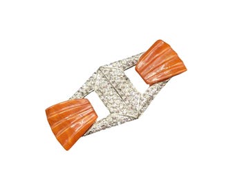 Antique Art Deco Belt Buckle Bakelite Rhinestones Orange & Silver Tone Buckle