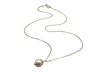 14K Gold Chain Necklace 8mm Single Pearl Pendant Yellow Gold Delicate Jewelry