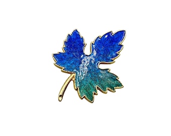 Blue and Green Maple Leaf Pin Brooch Enamel Over Gold Tone Colorful Ombre Pin