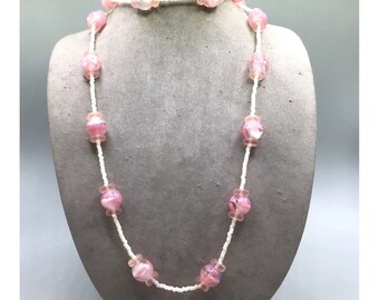 Vintage Pink Glass Beads Necklace Spaced Station Art Glass Beaded Single Strand