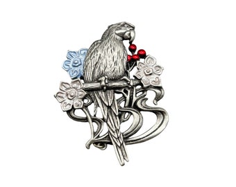 Vintage JJ Signed Parrot Pin Brooch Tropical Bird Pewter with Flowers & Berries