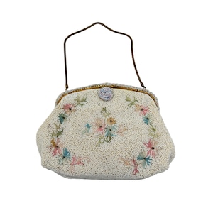 Antique Hand Beaded Purse Made in France Caprice Opera White Floral Handbag