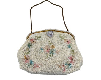 Antique Hand Beaded Purse Made in France Caprice Opera White Floral Handbag
