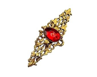 Vintage Bar Pin Gold Tone With Red Acrylic Stone Elongated Design