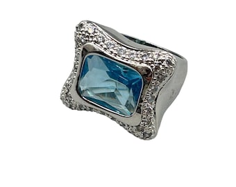 Blue Aquamarine Glass Ring Size 7 Silver Tone Free Form Modernist Ring