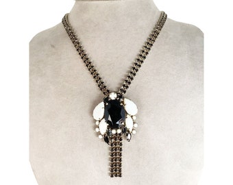 Vintage Rhinestones Necklace Black and White All Glass Stones with Fringe Tassel