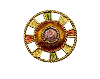 Liz Claiborne Pin Brooch Vintage 80s Wheel With Green Orange Enamel Over Gold Tone