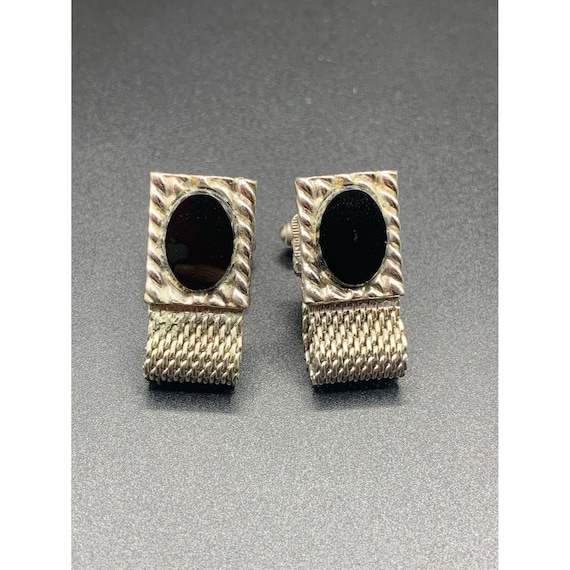 Vintage Swank Cufflinks Black Glass and Silver Tone With Mesh Fold