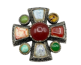 Vintage Scottish Celtic Cross Pin Brooch With Colorful Glass And Stone Cabochons