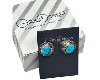 GILBERT ORTEGA Galleries Native American Turquoise Earrings Pierced Studs Sterling SIlver