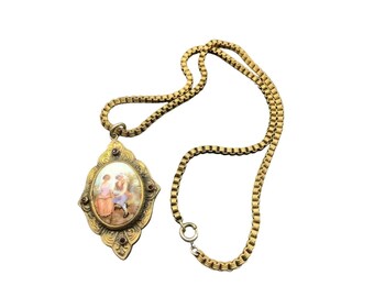 Antique Victorian Painted Porcelain Cameo Style Romantic Scene Necklace Brass