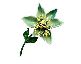 Vintage Green Enamel Flower Pin Brooch Large Oversized Big Lily Flower