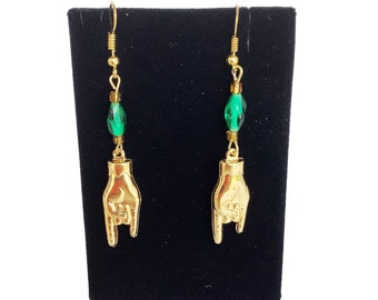 The “Corna” or Sign of The Horns Dangles Earrings Gold Tone Green Glass Beads