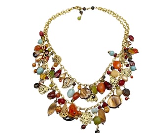 Handcrafted Loaded Charms Necklace Semi Precious Beads Gold Tone Metal Red Tones