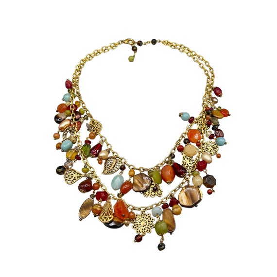 Handcrafted Loaded Charms Necklace Semi Precious Beads Gold Tone Metal Red Tones