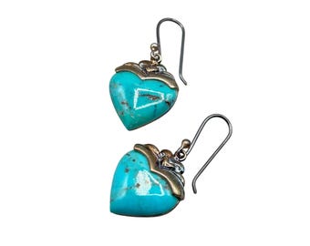 Sterling Silver And Turquoise Hearts Dangles Earrings Pierced Drops Silver 925
