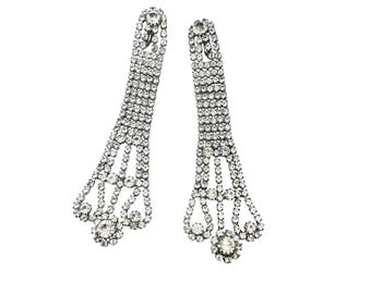 Vintage Shoulder Dusters Clip On Earrings Long Dangle Rhinestone Chandelier 5"