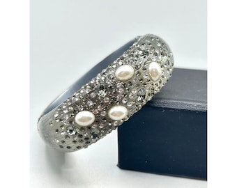 Beautiful Hinged Clamper Bangle Frosted Gray Lucite Rhinestones & Faux Pearls