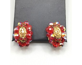Signed LAGUNA Red AB Clusters Earrings Clip On Beaded Christmas Holiday Jewelry