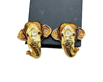Oversize 90s Elephant Earrings Clip On Gold Tone & Enamel Figural Animal Jewelry