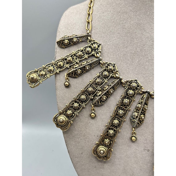 Statement Necklace Antiqued Gold Tone Bib Style E… - image 4
