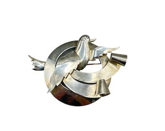 Vintage Sterling By Jordan Silver Dove Pin Brooch Bird Ribbons and Swirls