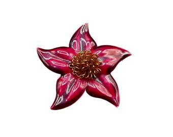 Signed KC Red Enamel Poinsettia Flower Brooch Christmas Holiday Gold Tone Metal