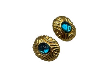 MONET Earrings Gold Tone And Blue Cabochons Pierced Oval Vintage Earrings