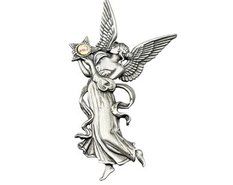 JJ Signed Angel Pin Jonette Jewelry Fairy Wings Glowing Star Brooch Pewter