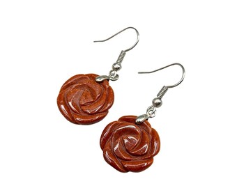 Carved Roses Goldstone Earrings Pierced Dangles Small Floral Flowers Earrings