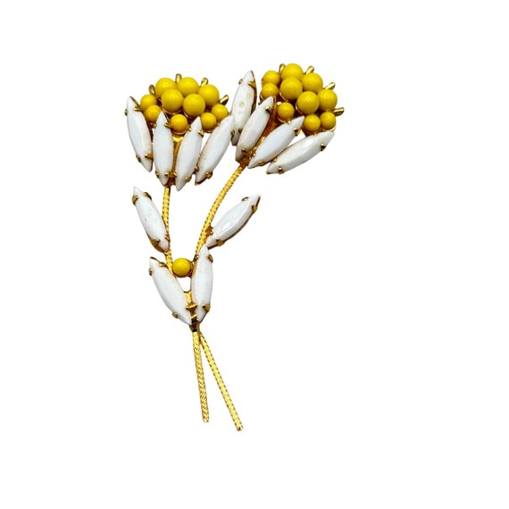 Vintage White & Yellow Floral Pin Brooch Rhinesto… - image 1