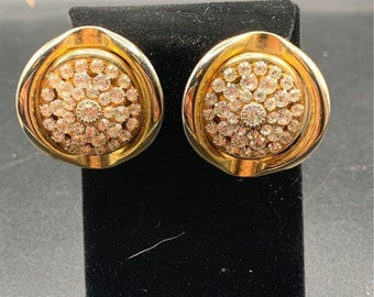 Big statement rhinestones clip on earrings round gold tone and clear prong set glass stones