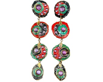 Vintage 90s Oversized Statement Earrings Handcrafted Drops Dangles Lightweight Colorful