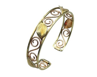 Vintage Signed KREMENTZ Art Deco Design Leaf Swirls Rolled Gold Cuff Bracelet