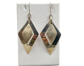 Sterling Silver Diamond Shaped Dangles Earrings Pierced Drops 925 Textured